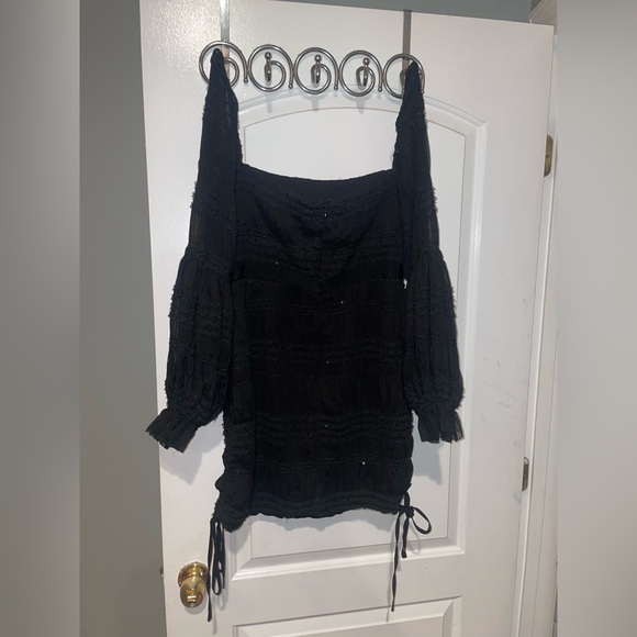 New! Self-Portrait Shirred Chiffon Long Sleeve Sequin Black Mini Dress 🖤 size 10 - Picture 13 of 15